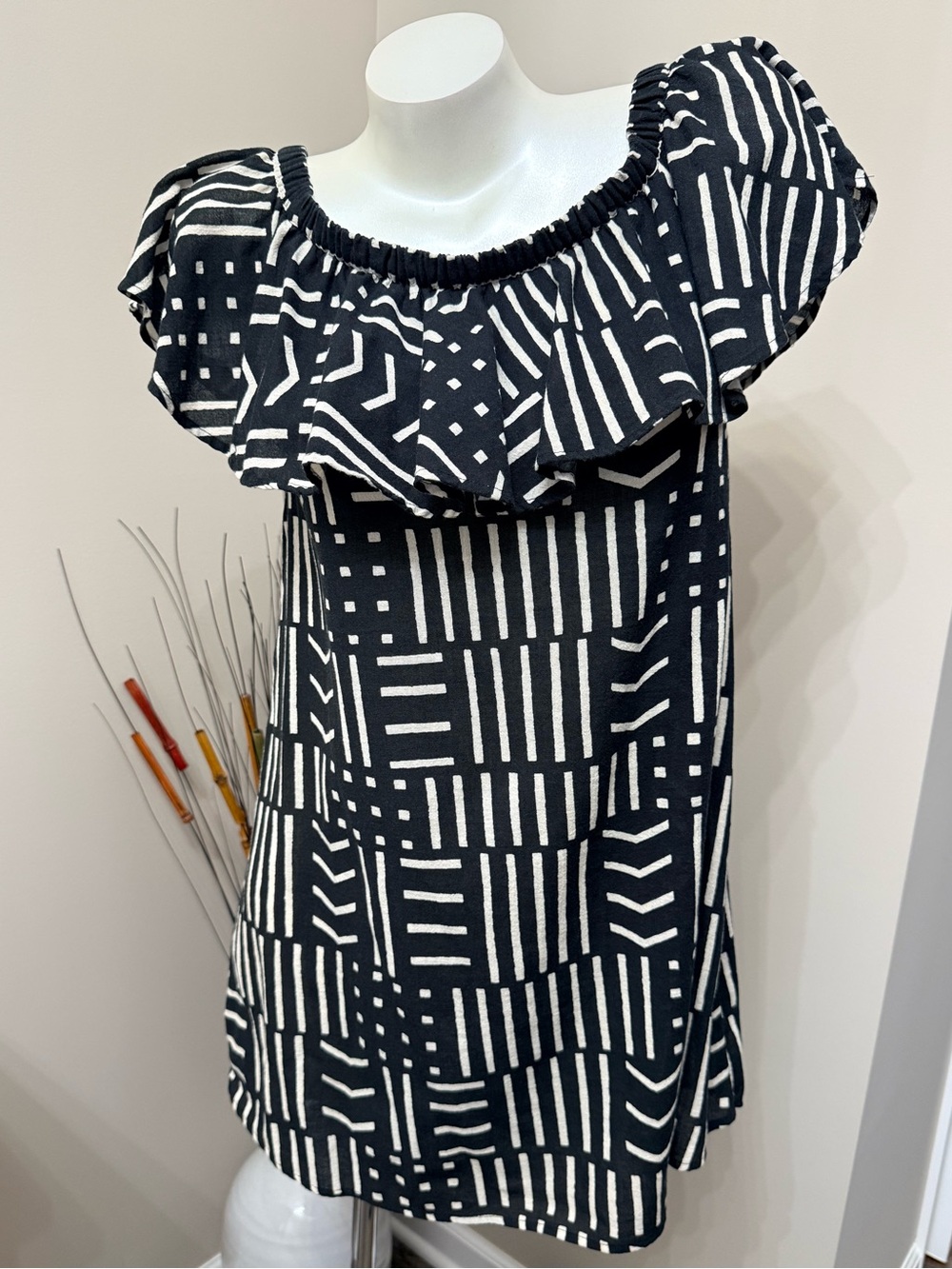 Madewell Off The Shoulder Ruffle Mini Dress Sz S Black White Flowy Boho Elastic
